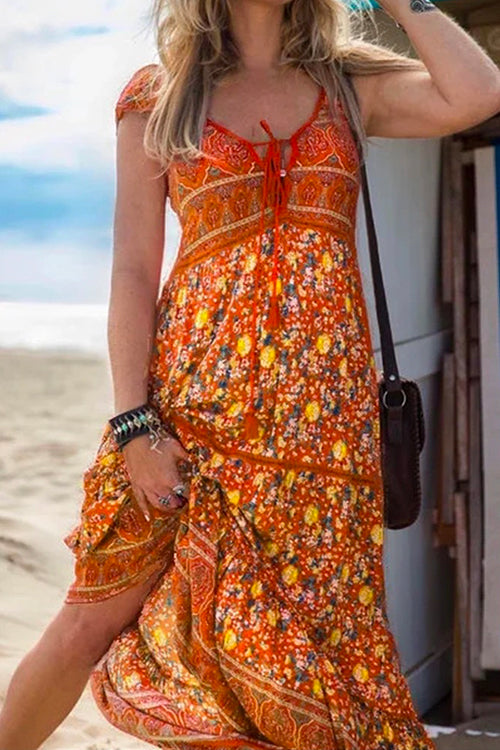 Margovil Tassel V Neck Bohemia Printed Maxi Beach Dress