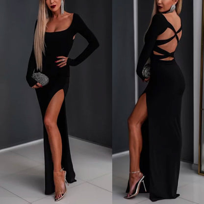 Back Twist Cross Long Sleeves High Slit Maxi Party Dress