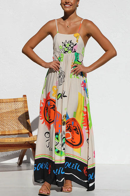 Margovil Tie Back Cut Out Graffiti Print Flowy Maxi Cami Dress