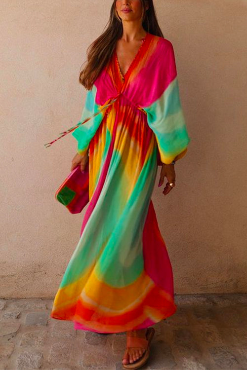 Margovil V Neck Balloon Sleeves Rainbow Gradient Maxi Swing Dress