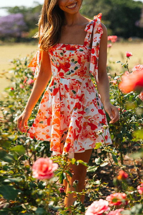 Margovil Bow Knot Shoulder Waisted A-line Floral Mini Sundress