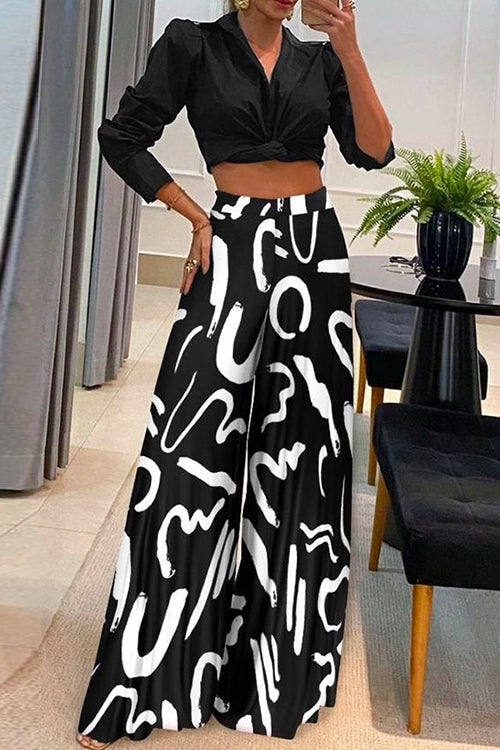 Margovil Twist Knot Long Sleeve Crop Top Printed Wide Leg Pants Set