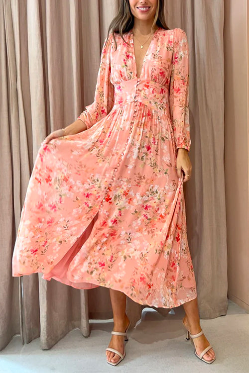 Margovil V Neck Button Up Waisted Floral Midi Swing Dress