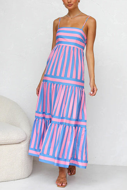 Margovil Spaghetti Strap Tiered Color Block Striped Maxi Dress