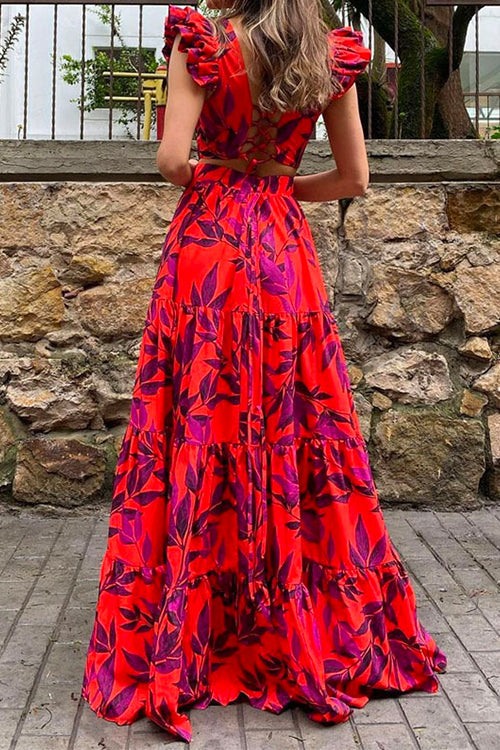 Margovil Flounce Sleeves Back Lace Up Printed Tiered Maxi Dress