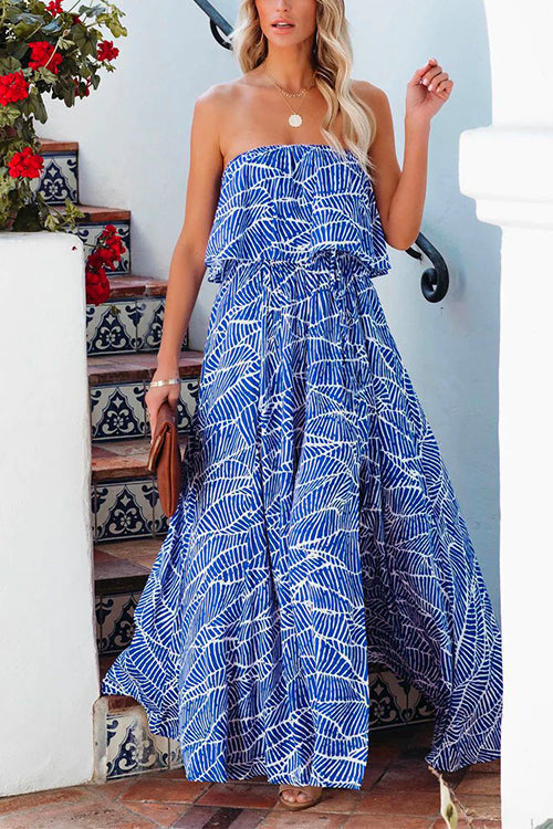 Margovil Sleeveless Off Shoulder Waisted Slit Maxi Printed Swing Dress