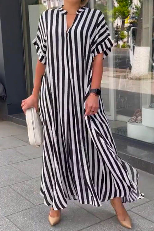 Margovil Striped V Neck Side Split Oversized Maxi Shirt Dress