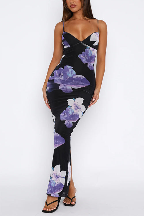 Margovil V Neck Spaghetti Strap Back Slit Floral Maxi Dress