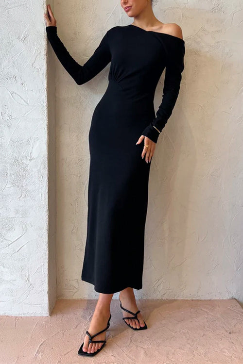 Cold Shoulder Long Sleeves Ruched Elegant Midi Dress