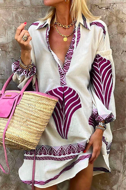 Margovil Lapel V Neck Long Sleeve Printed Shirt Dress