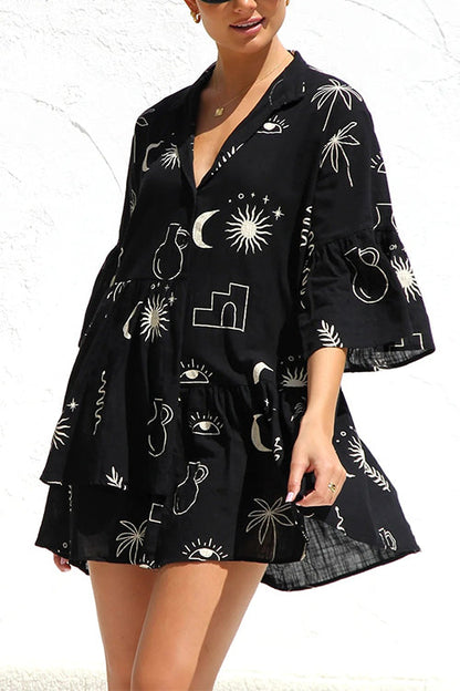 Margovil Flare Sleeves Button Down Graffiti Print Ruffle Shirt Dress