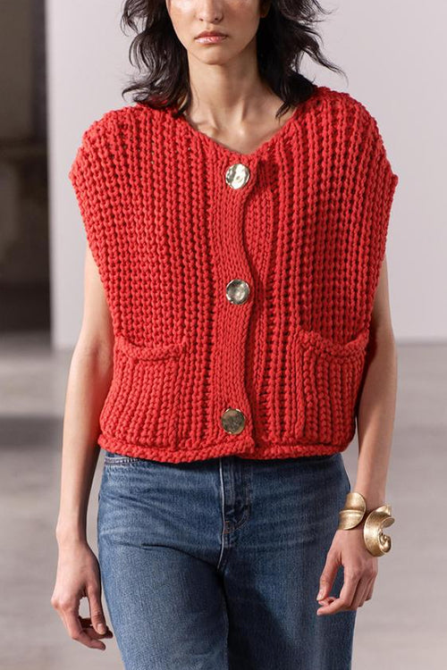 Margovil Gold Buttons Pocketed Chunky Sweater Vest