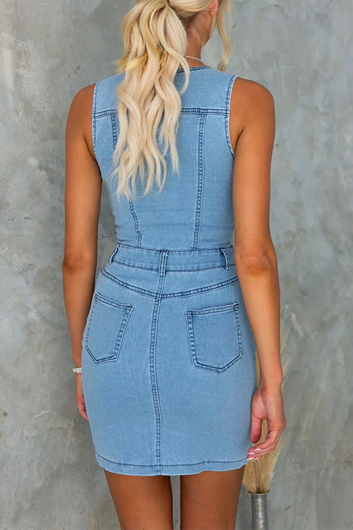 V Neck Sleeveless Button Up Bodycon Denim Mini Dress