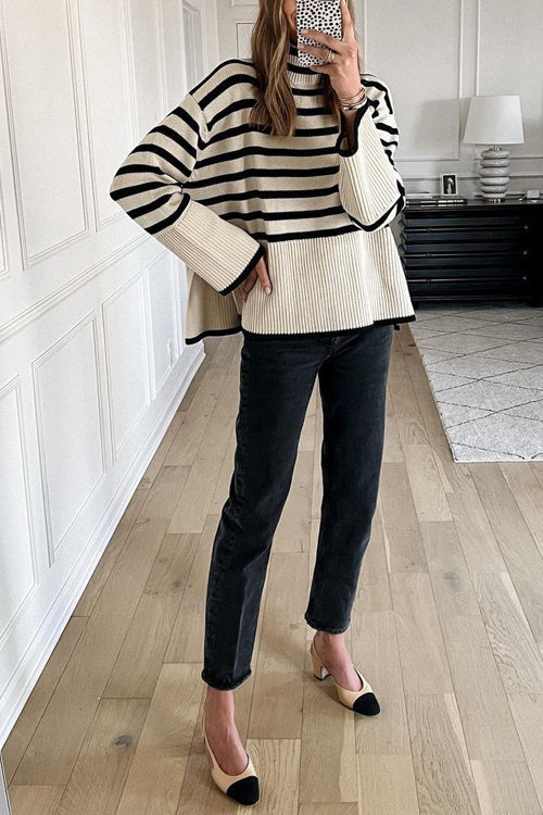 Margovil Striped Tuetleneck Side Split Pullover Sweater