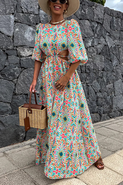 Margovil Puff Sleeves Backless Lace-up Printed Maxi Vacation Dress