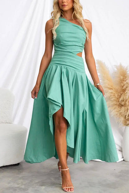 One Shoulder Cut Out High Low Hem Maxi Swing Dress