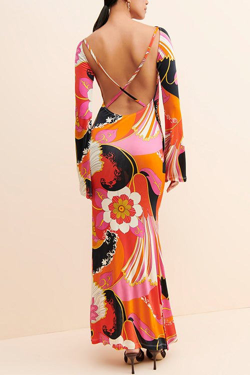 Bell Sleeves Backless Criss Cross Printed Maxi Dress