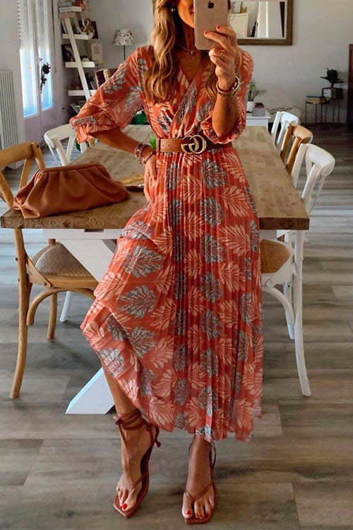 Margovil V Neck Half Sleeves Tropic Printed Pleated Maxi Holiday Dress