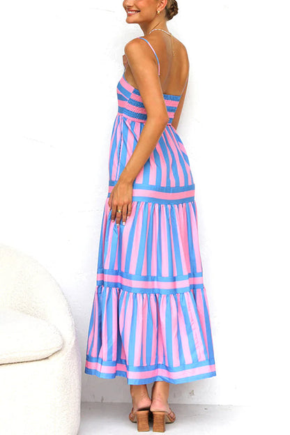 Margovil Spaghetti Strap Ruffle Tiered Color Block Striped Maxi Dress