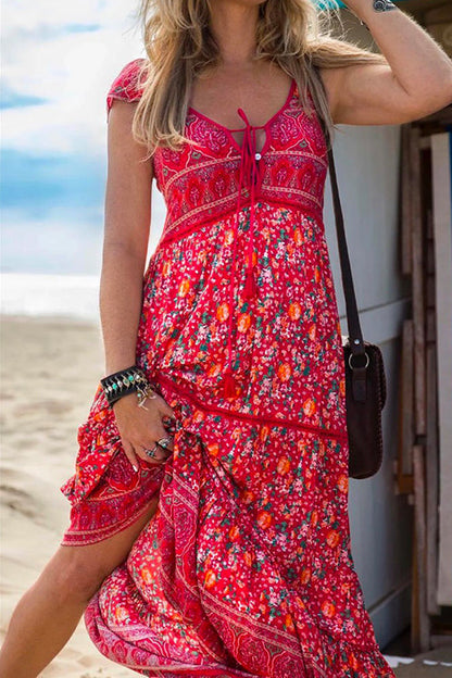 Margovil Tassel V Neck Bohemia Printed Maxi Beach Dress