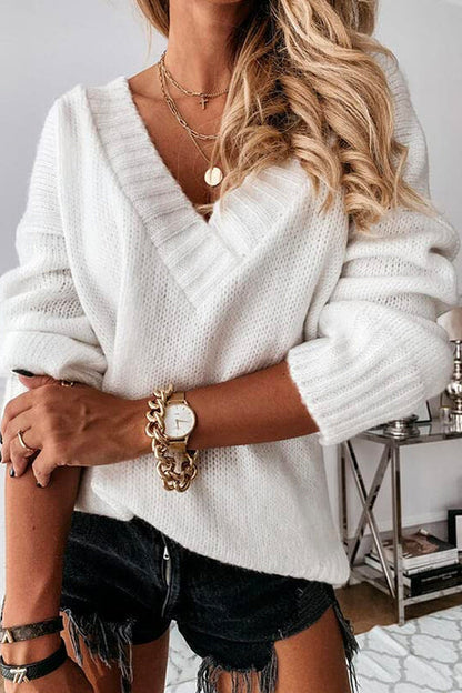 Margovil Solid V Neck Drop Shoulder Knit Sweater