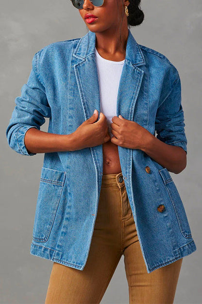 Margovil Notch Lapel Button Front Pocketed Denim Blazer