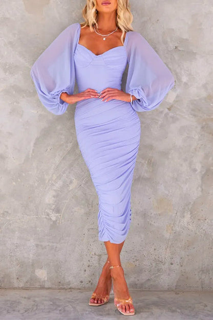 Puff Long Sleeves Backless Ruched Midi Bodycon Dress