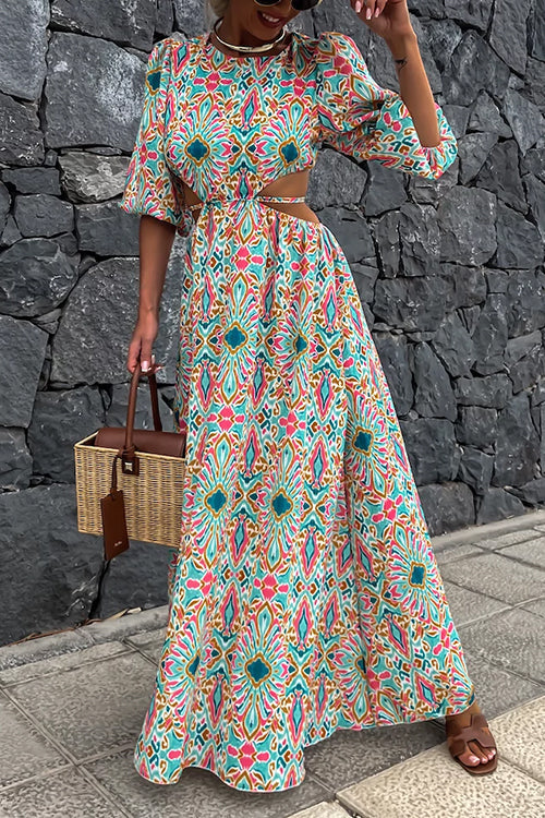 Margovil Puff Sleeves Backless Lace-up Printed Maxi Vacation Dress