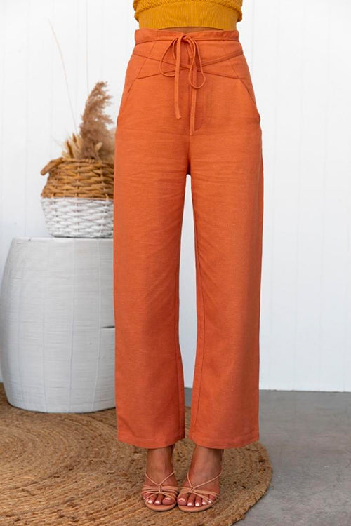 Paper Bag Tie Waist Straight Leg Solid Pants