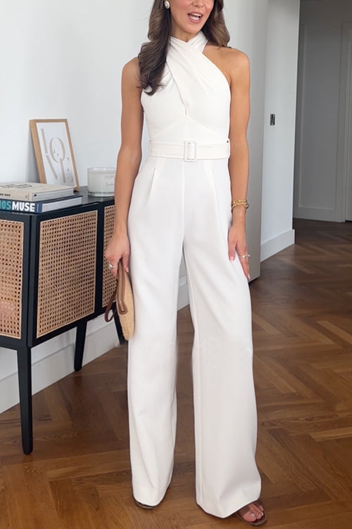 Criss Cross Front Sleeveless Belted Wide Leg Jumpsuit