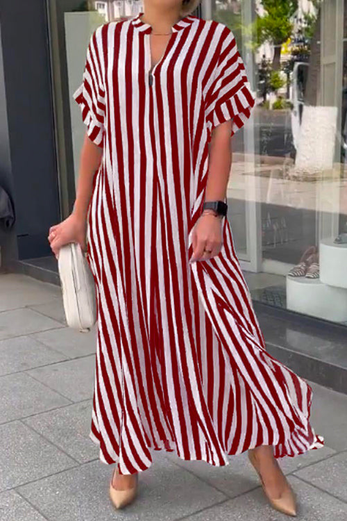 Margovil Striped V Neck Side Split Oversized Maxi Shirt Dress