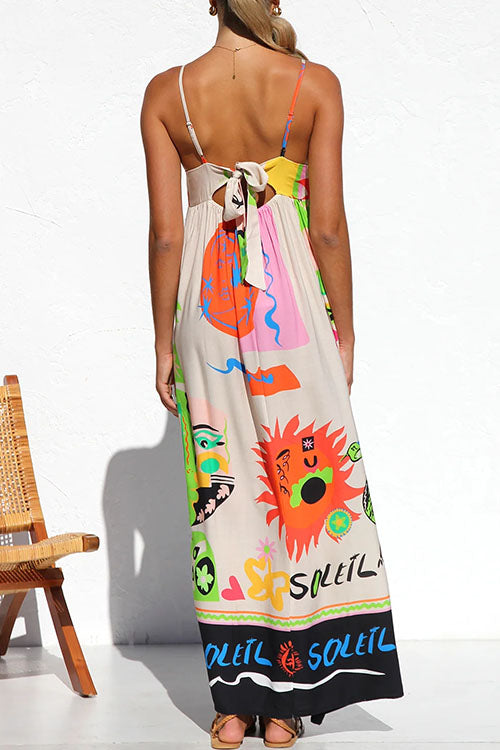 Margovil Tie Back Cut Out Graffiti Print Flowy Maxi Cami Dress