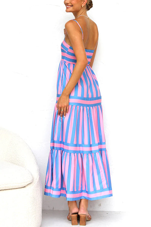 Margovil Spaghetti Strap Tiered Color Block Striped Maxi Dress