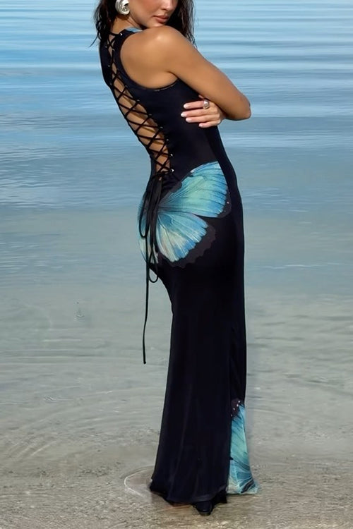 Margovil Back Lace-up Sleeveless Butterfly Print Maxi Dress