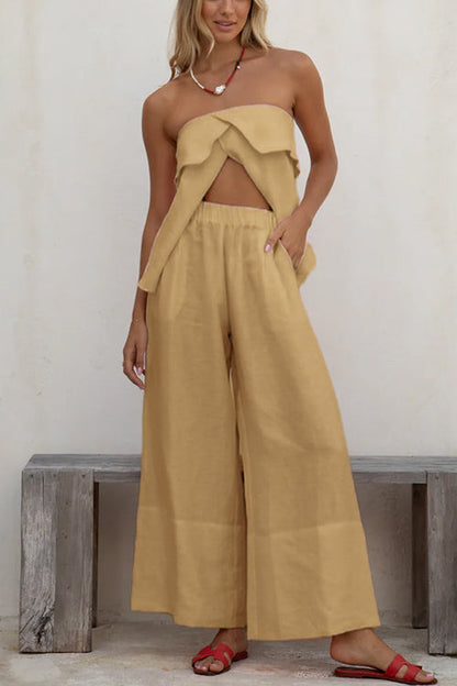 Margovil Strapless Ruffle Slit Top Elastic Waist Wide Leg Pants Set