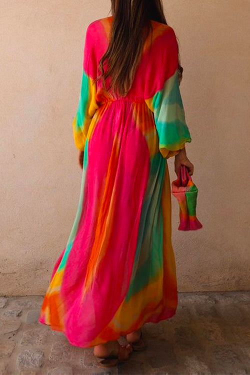 Margovil V Neck Balloon Sleeves Rainbow Gradient Maxi Swing Dress