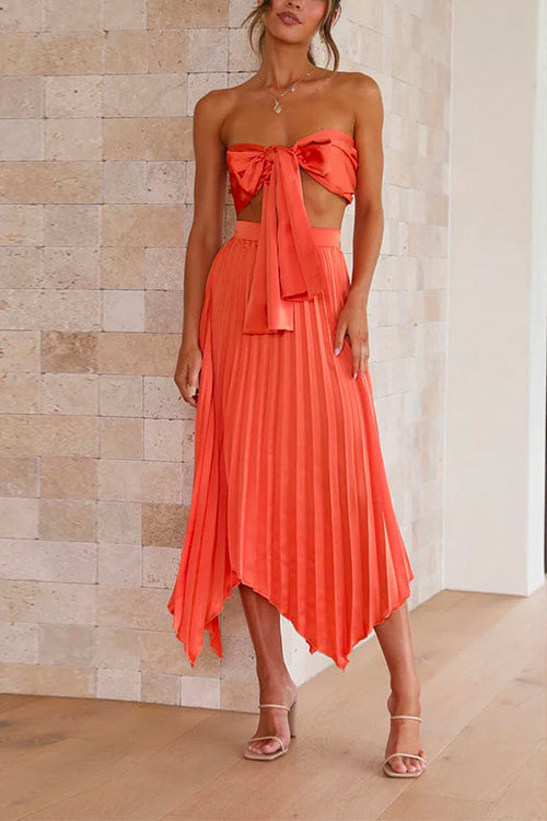 Margovil Off Shoulder Tie Front Top and Irregular Pleated Skirt Set