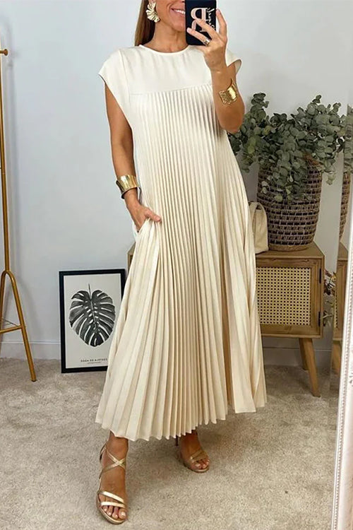 Margovil Cap Sleeves Pocketed Loose Pleated Maxi Dress