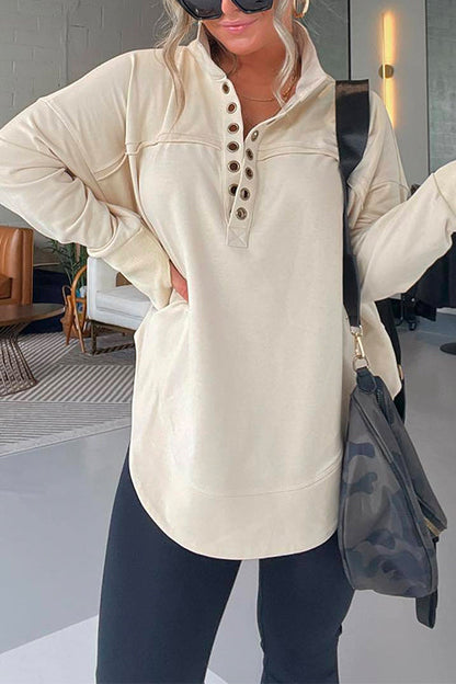 Margovil Stand Collar Button Up Curve Hem Sweatshirt with Thumb Hole