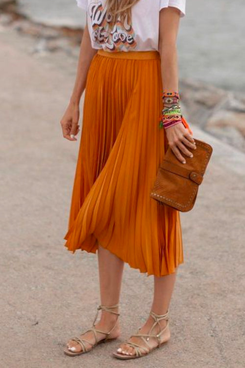 High Waist Pleated Chiffon Shirring Swing Midi Skirt