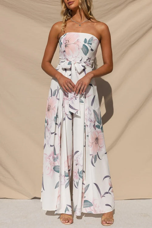 Strapless Tie Waist Slit Wide Leg Floral Print Jumpsuit