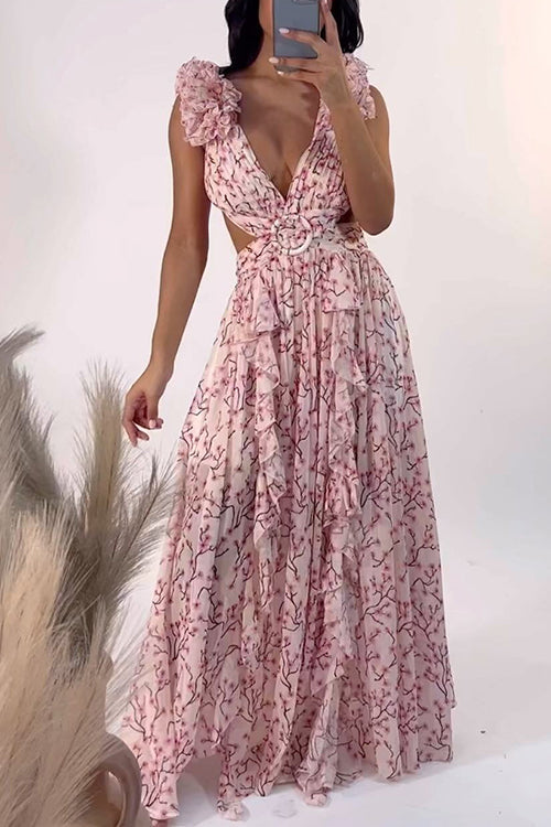 Margovil Deep V Neck Cut Out Sleeveless Ruffle Floral Print Maxi Dress