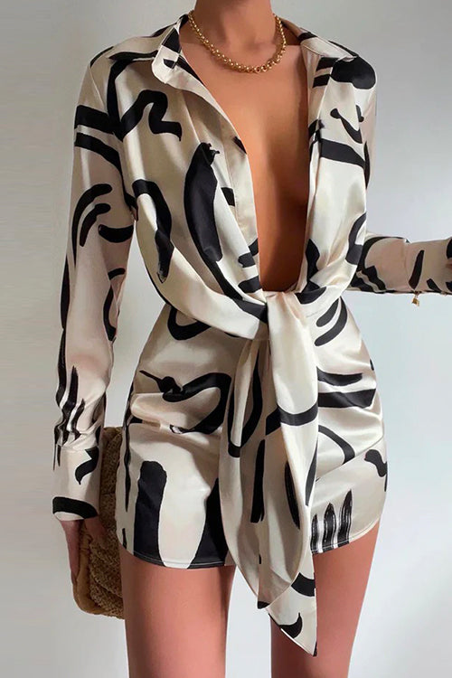 Margovil Lapel Long Sleeve Tie Knot Front Printed Mini Dress