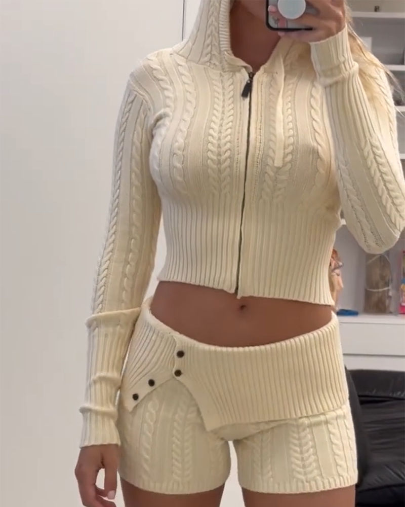 Women's solid color hooded zipper shorts knitted suit