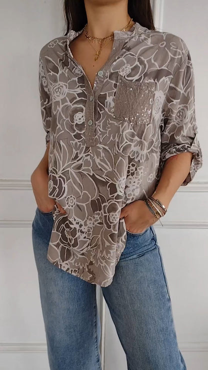 Women's V-neck Mid-sleeve Printed Sequined Casual Top