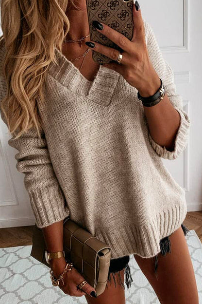 Margovil Solid V Neck Drop Shoulder Knit Sweater