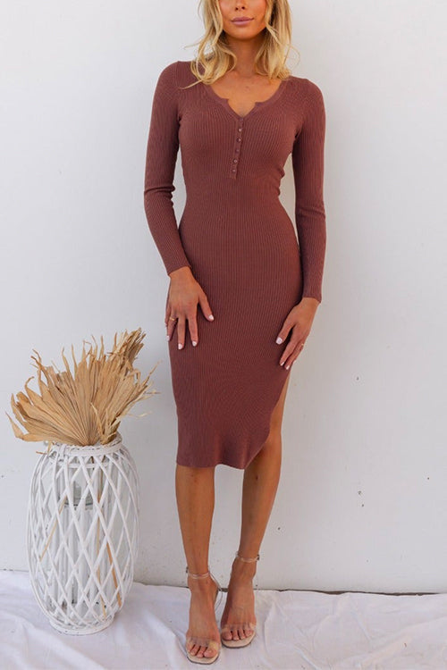 Buttons V Neck Side Split Ribbed Knit Bodycon Dress