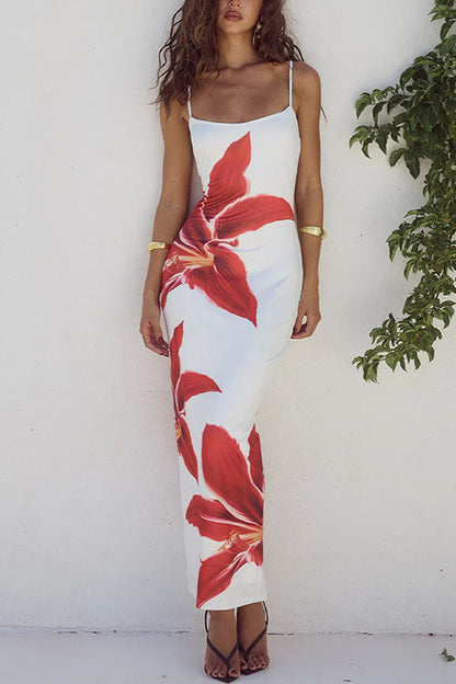 Margovil Spaghetti Strap Back Slit Lily Print Bodycon Maxi Dress