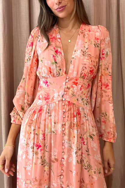 Margovil V Neck Button Up Waisted Floral Midi Swing Dress