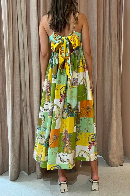 Margovil Bow Knot Back Dinosaur Printed Cami Maxi Holiday Dress